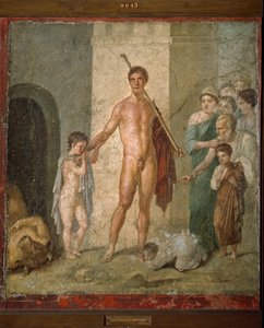Reprezentacja Thesee, bohaterów mitologii greckiej, uwalniających siedmiu młodych mężczyzn z labiryntu po triumfie minotaura. Fresk z Villa de Gavius Rufus w Pompejach. Ciemny. 88x97 cm Muzeum Archeologiczne w Neapolu - Sztuka rzymska: reprezentacja o autorstwa Roman Roman