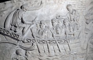 Sztuka rzymska: „”Żołnierze rzymscy na galerze na Dunaju podczas I wojny w Dacji”” Forma z 1862 roku odtwarzająca płaskorzeźby kolumny Trajana (kolumna Trajane) (Colonna Traiana) w Rzymie zbudowanej za panowania cesarza Trajana (53-117). Traja autorstwa Roman Roman