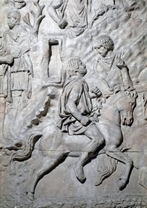 Sztuka rzymska: „”uwierzył jeździec numid”” Forma z 1862 roku odtwarzająca płaskorzeźby kolumny Trajana (kolumna Trajane) (Colonna Traiana) w Rzymie zbudowanej za panowania cesarza Trajana (53-117). Kolumna Trajane upamiętnia zwycięską kamerę autorstwa Roman Roman