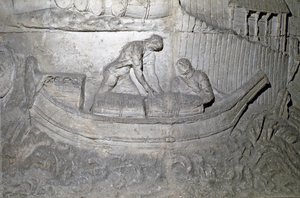 Sztuka rzymska: „” łódź ładuje zapasy na Dunaju podczas pierwszej wojny w Dacji”” Forma z 1862 r. Odwzorowująca płaskorzeźby kolumny Trajana (kolumna Trajane) (Colonna Traiana) w Rzymie zbudowanej za panowania cesarza Trajana ( 53-117). Trajane co autorstwa Roman Roman