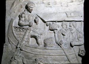 Sztuka rzymska: „”Żołnierze rzymscy na statku podczas pierwszej wojny w Dacji”” Forma z 1862 roku odtwarzająca płaskorzeźby kolumny Trajana (kolumna Trajane) (Colonna Traiana) w Rzymie zbudowanej za panowania cesarza Trajana (53). -117). Kolumna Trajane Co autorstwa Roman Roman