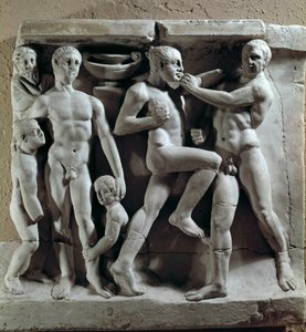 Sztuka rzymska: scena bokserska. Płaskorzeźba. Museo della civilta romana, Rzym autorstwa Roman Roman
