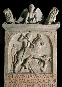 Sztuka rzymska: stela grobowa arystokraty i polityka rzymskiego Flawiusza Bassusa Herkulanusa (znanego ok. 449-452) V w. n.e. Rzym, Museo della Civilta Romana autorstwa Roman Roman