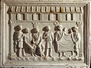 Sztuka rzymska: płaskorzeźba przedstawiająca tkaninę i gobeliny. Z oryginału z II wieku n.e. Rzym Museo della Civilta Romana autorstwa Roman Roman