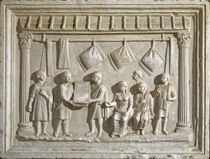 Sztuka rzymska: pleśń przedstawiająca tkaninę i gobeliny. Z oryginału z II w. n.e. (płaskorzeźba) autorstwa Roman Roman