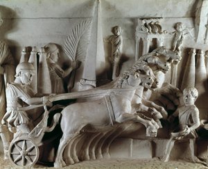 Sztuka rzymska: rzeźbiona płaskorzeźba przedstawiająca kwadrygę, ciągi rydwanów przez cztery konie. Muzeum Starożytności Rzymskich, Rzym autorstwa Roman Roman