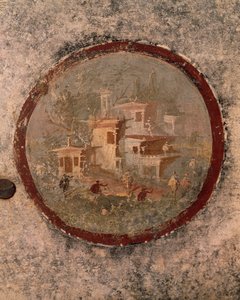 Okrągły z domami i budynkami, fragment fresku z Domu Stulecia, Pompeje, Kampania, cywilizacja rzymska autorstwa Roman Roman