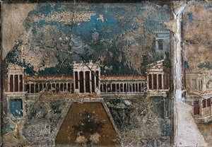 Fresk w trzecim stylu przedstawiający krajobraz architektoniczny, szczegół budynku otoczonego gankiem kolumnadowym, z Pompejów autorstwa Roman Roman