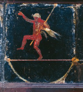Fresk w trzecim stylu przedstawiający Funambolistę Seleni, fragment Silenusa trzymającego tyrs, z tzw. Willi Cycerona w Pompejach autorstwa Roman Roman