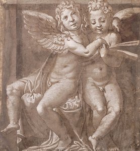 Śpiew dwóch siedzących aniołów, według Polidoro da Caravaggio (pióro i brązowy atramentowy brąz z białym na szaro-niebieskim papierze)