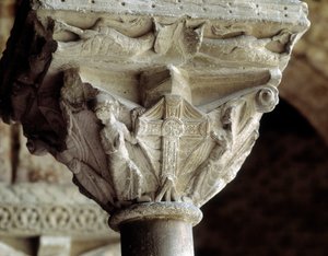 Kapitał reprezentujący chwalebny krzyż (rzeźba) autorstwa Romanesque
