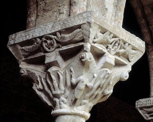 Kapitał reprezentujący trzech żydów w ognistym piecu (rzeźba autorstwa Romanesque