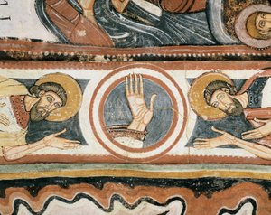 Sztuka romańska: „” Prawa ręka Boga i patriarchów Eliasza i Henocha (lub Henocha). Detal. Fresk szkoły Leon (Hiszpania). 1132. Sanktuarium Dziewicy Dziewicy del Camin autorstwa Romanesque