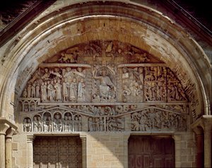 Sztuka romańska: Tympan rzeźbiony przedstawiający Sąd Ostateczny, na prawo od Chrystusowego Raju, na lewo od chaosu piekielnego. Rzeźba (1130-1140) kościoła opactwa Sainte Foy (Sainte-Foy) w Conques (Aveyron), Francja.