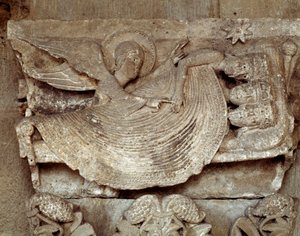 Trzech Króli śpi z budzącym ich aniołem i wskazującym na gwiazdę Betlejem (rzeźbiona stolica) autorstwa Romanesque