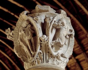 Tony chorału gregoriańskiego: trzeci (męka i zmartwychwstanie Chrystusa) i Tintinrection Chrystusa (po prawej), Stolica chóru (rzeźba autorstwa Romanesque