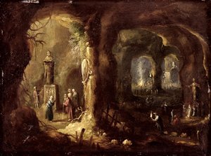 Grota z posągami i licznymi postaciami oddającymi cześć bożkom (św. Symeon Stylites), ok. 1640 (olej na miedzi) autorstwa Rombout van Troyen