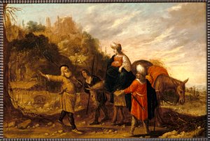 Guehazi wracający z domu Sunamitów i udający się na spotkanie z Elisee. 1644 ... autorstwa Rombout van Troyen