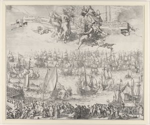 Podróż Wilhelma III do Anglii, 1688 Sea Tour z Hellevoet Sluys przez S.K.H. Wilhem Henrik G. Ga. Książę Orangeie Erfstadh. czapka. i adm. Gen. van Stany Zjednoczone / O przywrócenie Konstytucji i Prawdziwa Religia w Engelant Sch autorstwa Romeyn de Hooghe (attributed to workshop of)