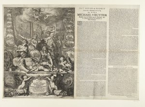 Alegoria śmierci Michiela de Ruytera, 1676 Życie i biznes Eda: Manhaften Heer, Den Heer Michael de Ruyter Rycerz Zakonu Św. por. Generał admirał van Hollandt i West-Vrieslandt (tytuł na obiekcie) autorstwa Romeyn de Hooghe