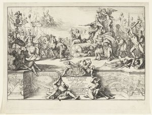 Alegoria zwycięstw Leopolda I Divo et invictissimo Leopoldo I (tytuł na obiekcie) Wjazd Leopolda I do Brukseli po pokonaniu Turków, 1686 (tytuł serii) autorstwa Romeyn de Hooghe