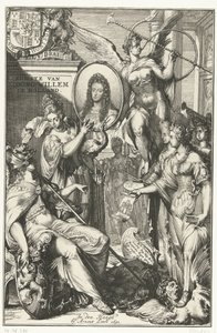 Alegoryczny fronton z portretem Wilhelma III Przybycie króla Wilhelma do Holandii (tytuł na obiekcie) autorstwa Romeyn de Hooghe