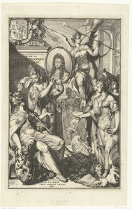 Alegoryczny fronton z portretem Wilhelma III Voyage de sa Majeste Britannique en Hollande (tytuł na obiekcie) autorstwa Romeyn de Hooghe