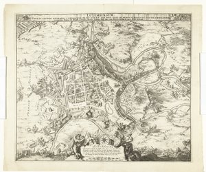 Bombardowanie furgonetki Luxemburg door de maarschalk de Créquy, 1684 Luksemburg, ołów. nazwisko metropolia książę chimacens napięcie pok. reg. Ale zajęły go ramiona Galii. 4 czerwca Ao. 8834 (tytuł na obiekcie) autorstwa Romeyn de Hooghe
