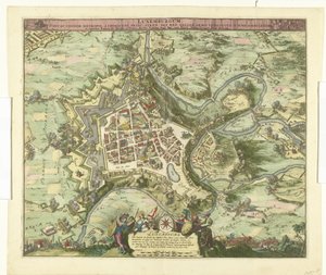 Bombardowanie furgonetki Luxemburg door de maarschalk de Créquy, 1684 Luksemburg, ołów. nazwisko metropolia książę chimacens napięcie pok. reg. Ale zajęły go ramiona Galii. 4 czerwca Ao. 8834 (tytuł na obiekcie) autorstwa Romeyn de Hooghe