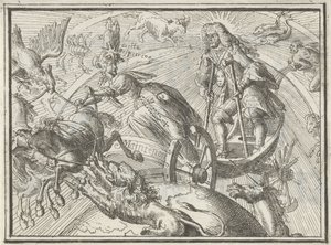 Karykatura przedstawiająca Ludwika XIV jako Apolla w jego rydwanie, 1701