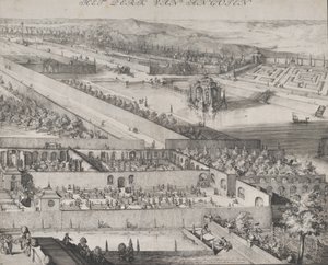 Fragment parku w prawej połowie Enghien, 1685. autorstwa Romeyn de Hooghe