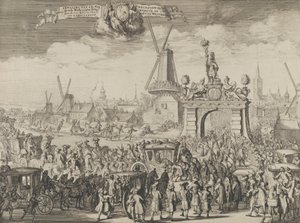 Wejście Wilhelma III do Hagi Inhaling van S.K. Maj. aende Westeynder brug door ..., 1691. autorstwa Romeyn de Hooghe