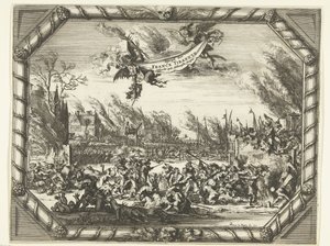 Francuskie okrucieństwa w Bodegraven i Zwammerdam, 1672 Spiegel der France Tirannye w Hollantsche Dorpen (tytuł na obiekcie) autorstwa Romeyn de Hooghe