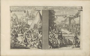 Lekarze w Arcladzie; Jezuita ogolony przez mytnika w Golkonda Guerisons infames des Arclades / Rude Healings // Roi de Golconde, Douane, etc / Tolrecht, en Cases (tytuł na obiekcie) Les Indes Orientales et Occidentales et autres autorstwa Romeyn de Hooghe