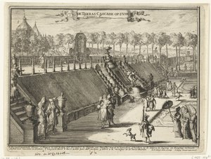Widok (z boku) tarasowego wodospadu w parku Paleis Het Loo Kaskada tarasowa z boku (tytuł na obiekcie) Widoki na Paleis Het Loo, powiązane budynki i powiązany park (tytuł serii) autorstwa Romeyn de Hooghe