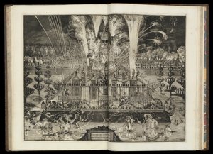 Wielki pokaz sztucznych ogni. Z "Triumfalnego powrotu Jego Brytyjskiej Mości do Holandii" (CBL AL 146, pl.67) autorstwa Romeyn de Hooghe