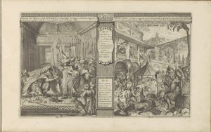 Historia urzędnika państwowego w Persji; Czas z Meksykanami Historia perska / Histoire de Perse // Veder Schilder Konst / Art de peindre chés les Mexiquains (tytuł na obiekcie) Les Indes Orientales et Occidentales et autres lieux (tytuł serii) autorstwa Romeyn de Hooghe