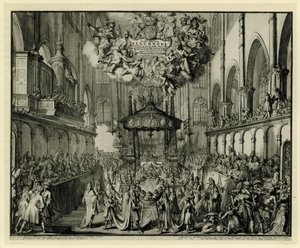 Chór opactwa westminsterskiego z ceremonią pogrzebową królowej, 1695 In