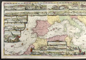 Mapa Morza Śródziemnego z alegorycznymi postaciami i potworami morskimi zdobiącymi wstawki, z „The French Neptune and Atlas Maritime and Suite du Neptune François”, autorstwa Charlesa Pene i Pietera Mortiera autorstwa Romeyn de Hooghe