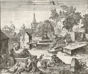 Żałoba na portugalsko-żydowskiego cmentarza Beth Haim z Ouderkerk na Amstel w Holandii - Grawerowanie Romeyna de Hooghe (1645-1708)
