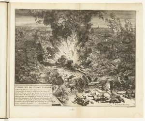 Wysadzenie mostu okrętowego w Parmie nad Skaldą, 1585 Deroute du Pont Farnese (tytuł na obiekcie) Guerres de Flandres (tytuł serii) autorstwa Romeyn de Hooghe