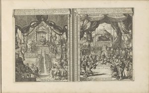 Rechtbank w Chinach w Abbesinië Chiński rechtbank / tribunal des Chinois // Abyssinise Gerichts Handel / Justice des Abissins (tytuł na obiekcie) Indie Wschodnie i Zachodnie oraz inne miejsca (tytuł serii) autorstwa Romeyn de Hooghe