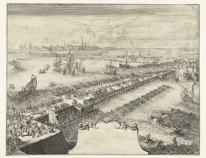 Parmański most nawy nad Skaldą, 1585 Guerres de Flandres (tytuł serii) autorstwa Romeyn de Hooghe