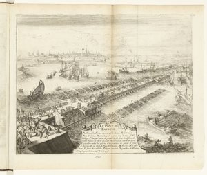 Parmański most nawy nad Skaldą, 1585 Le Pont de Farnese (tytuł na obiekcie) Guerres de Flandres (tytuł serii) autorstwa Romeyn de Hooghe
