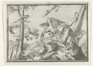 Strona tytułowa broszury: De Geplukte Tapoeijer, 1702 De Plukte Tapoeijer (tytuł na obiekcie) Esopus w Europie (tytuł serii) autorstwa Romeyn de Hooghe