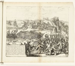 Verovering van Caudebec, 1592 Zdobycie Caudebec (tytuł na obiekcie) Wojny Flandrii (tytuł serii) autorstwa Romeyn de Hooghe