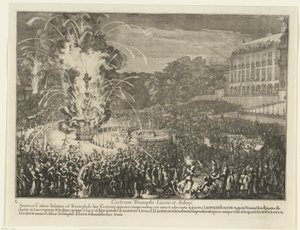Fajerwerki w Ogrodzie Pałacowym, 1686 Castrum Triumphi Lucens et Ardens (tytuł na obiekcie) Wjazd Leopolda I do Brukseli po pokonaniu Turków, 1686 (tytuł serii) autorstwa Romeyn de Hooghe