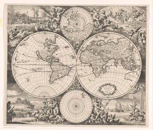 Mapa świata z alegorią czterech żywiołów Nova totius terrarum orbis tabula (tytuł na obiekcie)