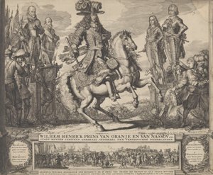 Wilhelm III jako Książę Orański, z czterema poprzednimi Stadthouders, Wilhelmem I, Maurycym,..., n.d.. autorstwa Romeyn de Hooghe