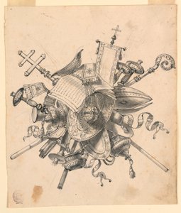 Rysunek, trofeum z obiektami kościelnymi, 1830-1850 autorstwa Romolo Achille Liverani